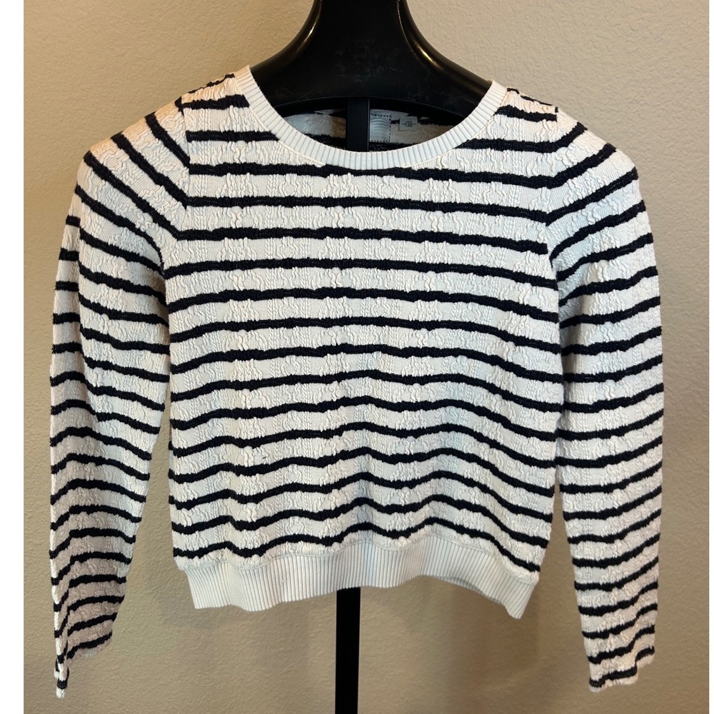 Anthropologie Postmark Navy White Striped Textured Knit Crewneck Sweater Small